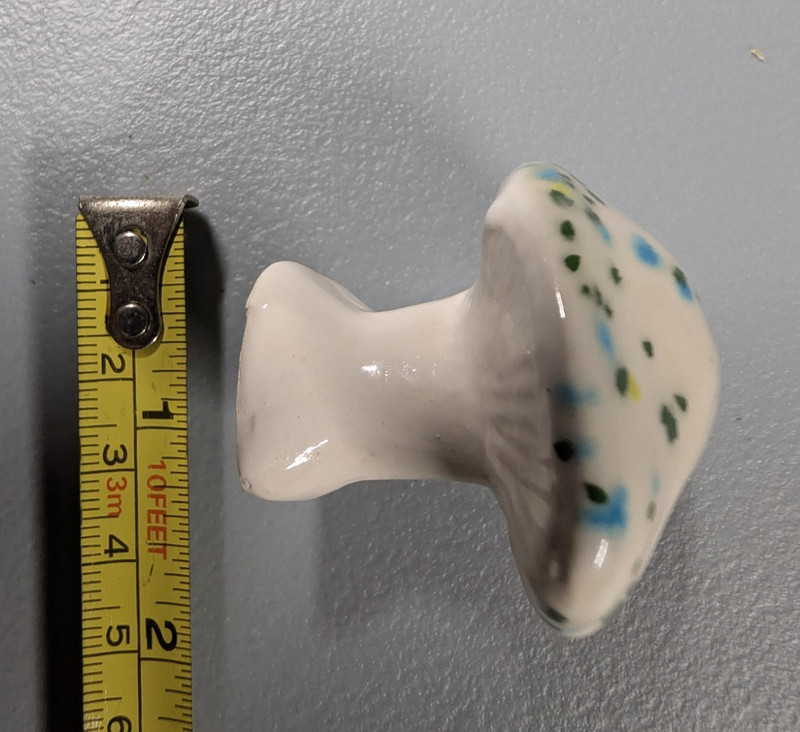 Glazed Ceramic Spotted Mushroom Figurine Glossy White Blue Green Yellow 3 in