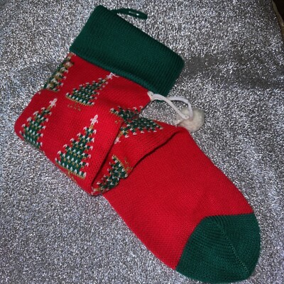 20'' Retro Knit Christmas Stocking Traditional Red Green Tree Candles AS IS!