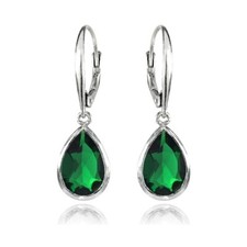 Dainty Teardrop Simulated Emerald Dangle Leverback Earrings in Sterling Silver