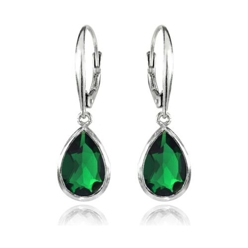 Dainty Teardrop Simulated Emerald Dangle Leverback Earrings in Sterling Silver - 第 1/3 張圖片