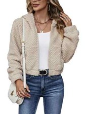 Casual Zip Up Fuzzy Hooded Jacket Long Sleeves Beige Solid Coat Front Pockets US