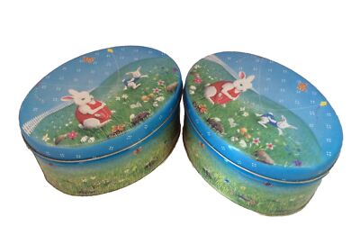 Nice Pair Vtg  Easter Spring Bunny Rabbit Floral Metal Tin Empty Box Container