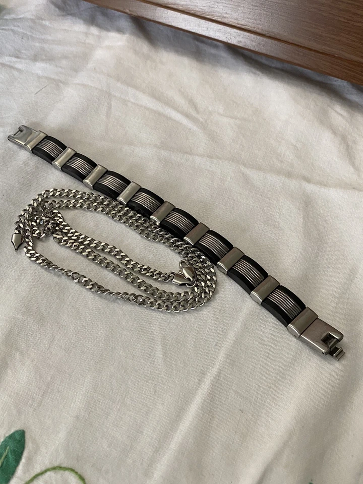 CADENA BORDILLO ACERO INOXIDABLE 316L 24” con PULSERA DE ESLABONES DE ACERO INOXIDABLE Y GOMA 7,75” Foto 2 de 4