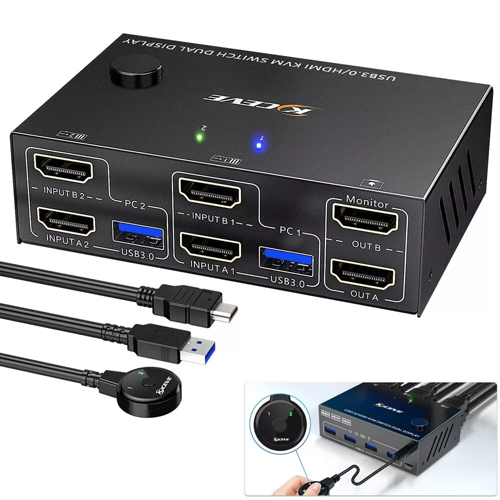 4K USB 3.0 HDMI KVM Switch Dual Monitor Support Edid Simulation for 2  Computers