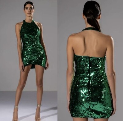 ronny kobo jo halter sequin ruched open-back mini dress Draped Sequined and button closure at