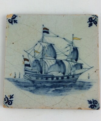 Antique 18th c Dutch delft polychrome tile of a 2 mast Clipper ship tin glazed