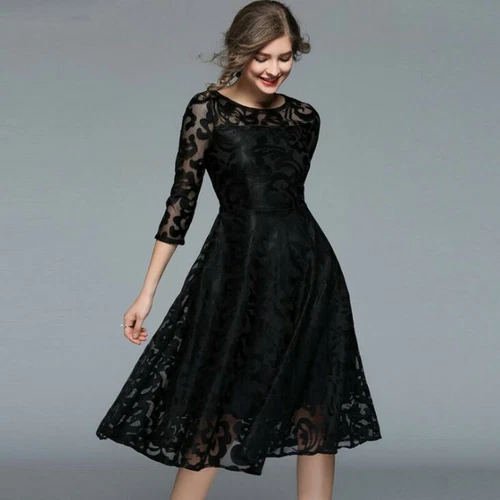 Vestido Europeo Para Mujer Encaje Manga 3/4 Columpio Calce Ajustado Línea A Fiesta Cóctel Vestido - Imagen 3 de 19