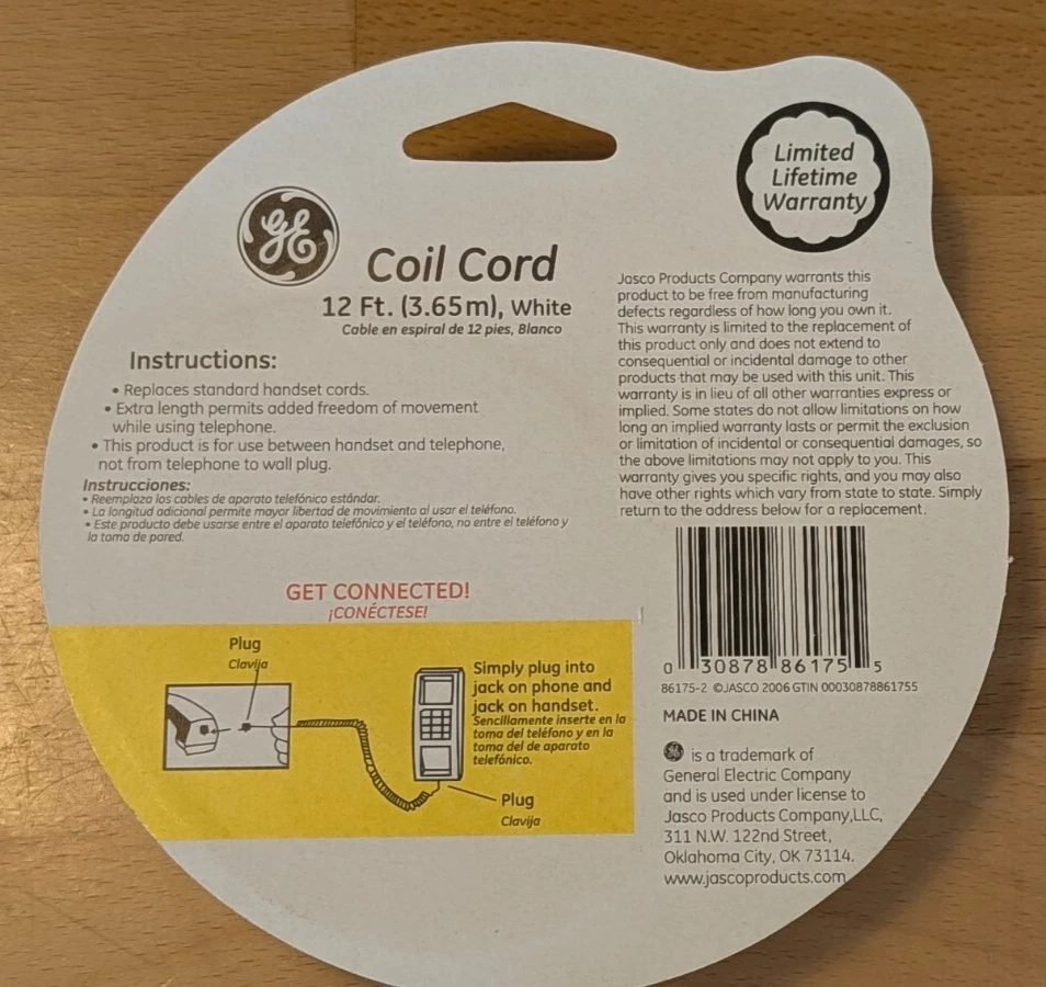 GE 12 ft. Handset Receiver Curly Coil Phone Cord for Telephone White (2 Pack) - Image 2 of 2