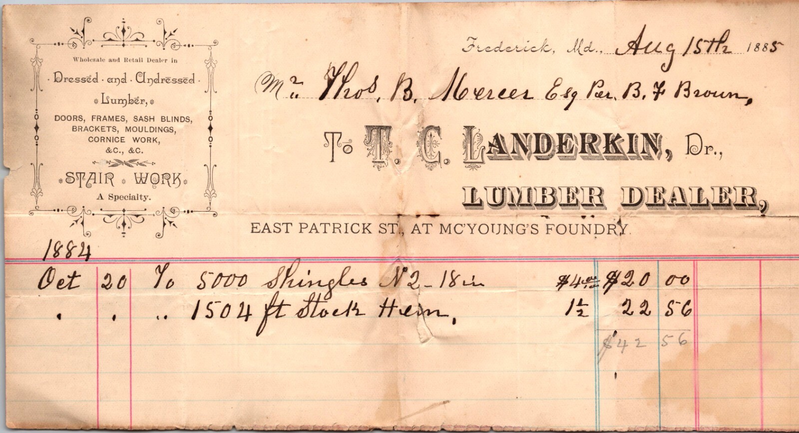 TC Landerkin Frederick MD 1885 Billhead Lumber Dealer Stair Work Doors