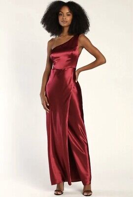 Lulus Alluring Arrival Red Satin One Shoulder Maxi Dress Womens 1X NWT $109 