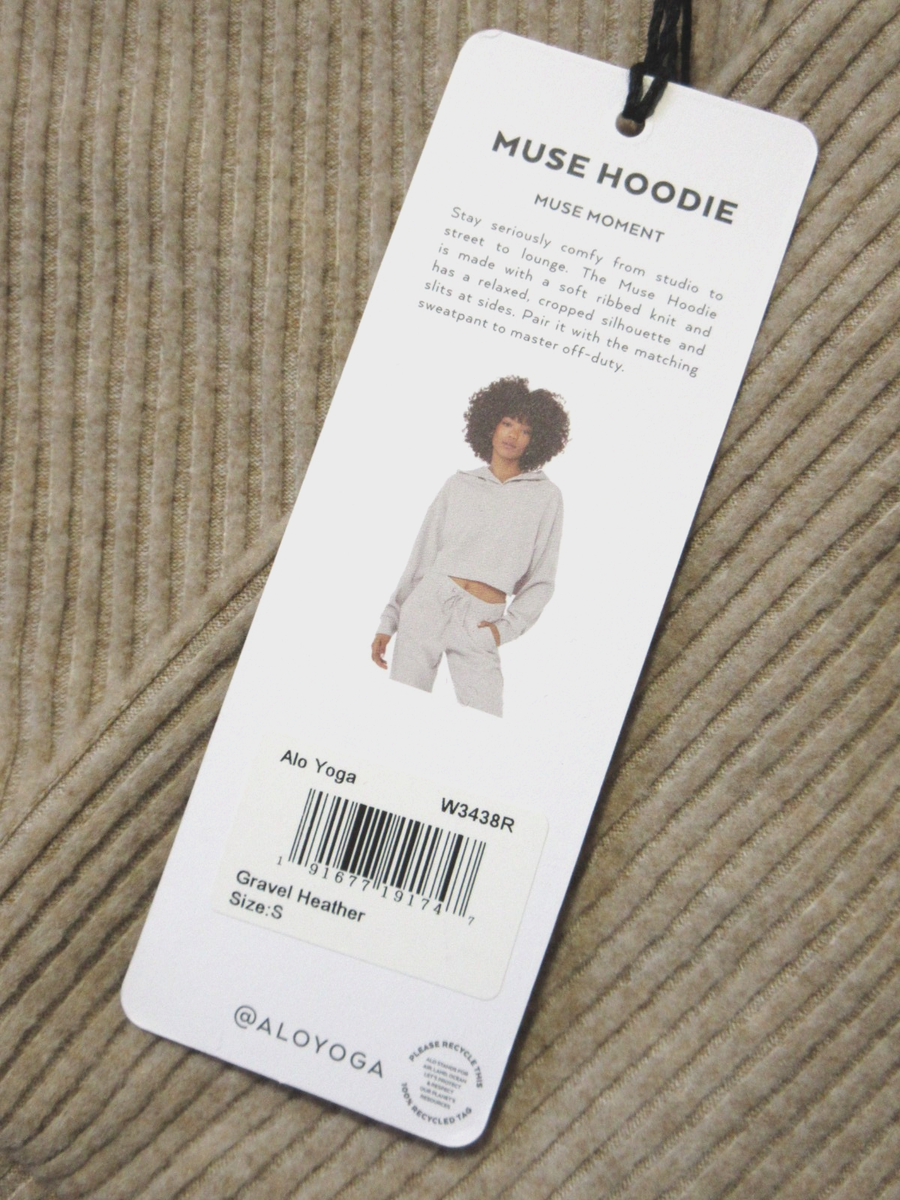 NWT Alo Muse Hoodie Pullover in Gravel Heather Relaxed Ribbed Crop