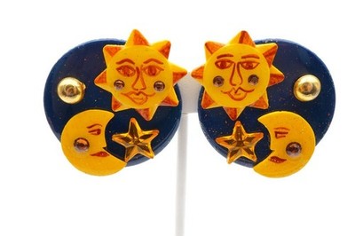 Vintage MAM Clip On Earrings Gold Tone Sun Moon Star