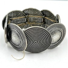 Vintage Antiqued Silver Tone Boho Disk Stretch Bracelet, Tribal Geometric Spiral