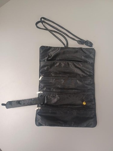 Asian Brocade Black Travel Jewelry Roll Wrap Organizer Pouch Pre Owned