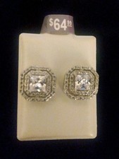 925 Solid Sterling Silver Clear Cz Square Center Double Halo Post Earrings