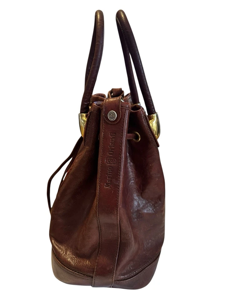 Bolsa grande vintage Marino Orlandi couro marrom estilo balde cordão em excelente estado usado - Imagem 3 de 4