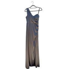 NWT XScape One Shoulder Long Maxi Gown, Front Side Slit, Dark Gray/Silver, Sz 6