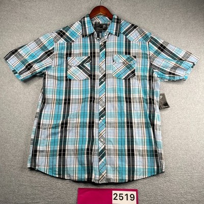 Elixir Blue Plaid Pearl Snap Shirt Button Up Short Sleeve Mens 2XL Western NEW