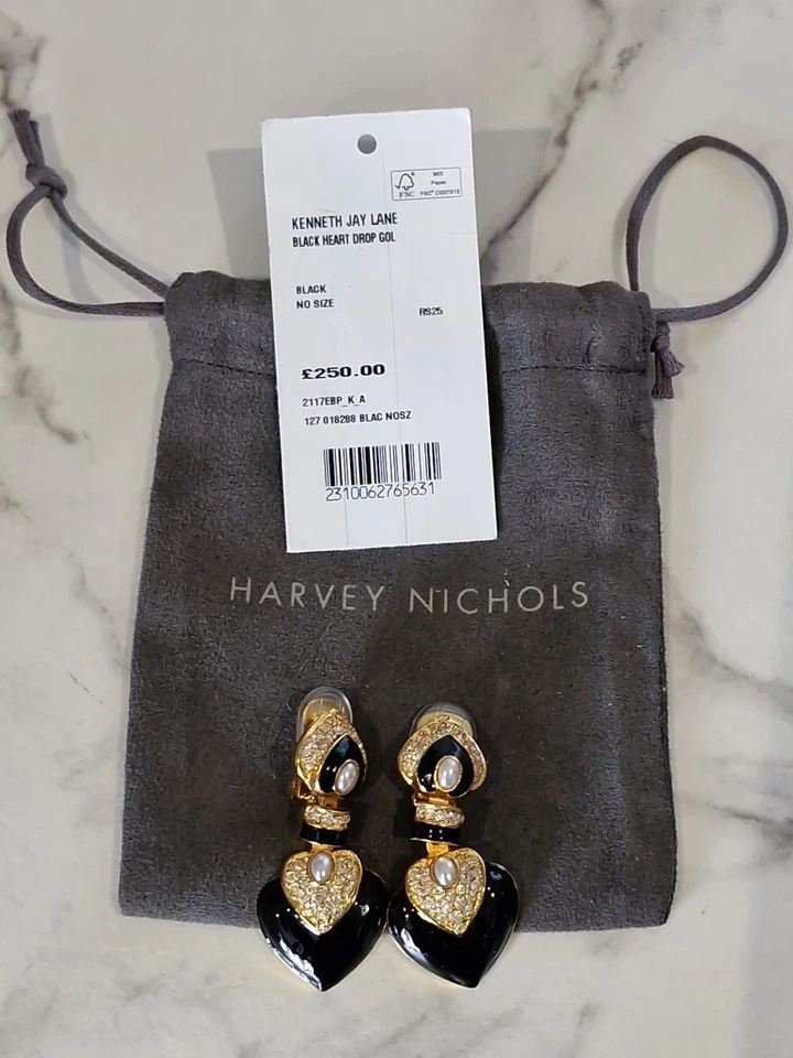 Kenneth Jay Lane Enamel & Crystal Black Heart Drop Earrings ( NOC) - Image 1 of 4