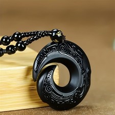 Natural Black Obsidian double side good Luck necklace Jewelry Pendant with chain