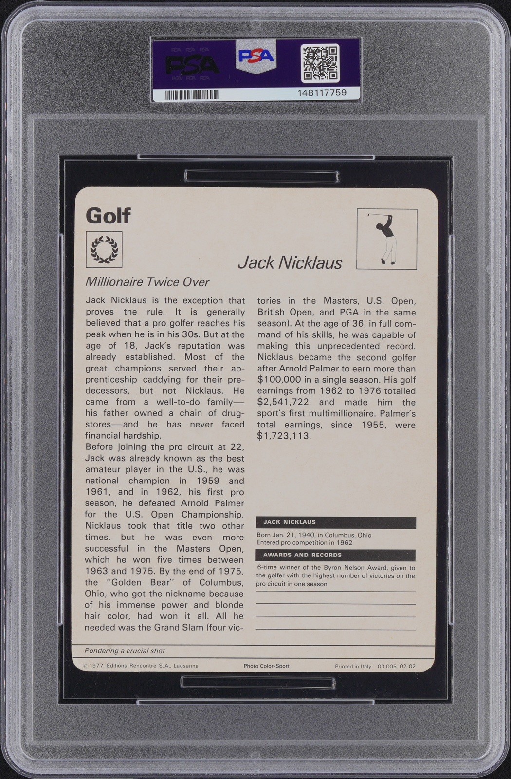 Sportscaster 1977-79 Jack Nicklaus Rookie Card PSA 9 MINT #02-02 GRADED Golf RC view 2