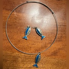 Blue Silver Fish Choker Necklace & Matching Earrings Jewelry Set Y2K Beach