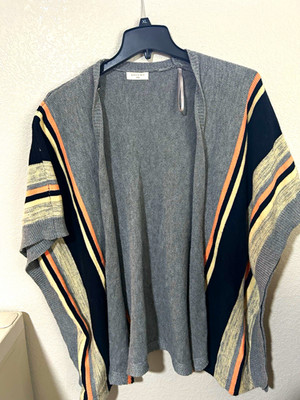 Sophie Rue Women s M Gray Knit Open-Front Cardigan Sweater Black Pink Stripe