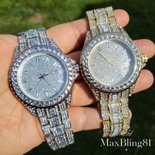 Men's Watch Luxury Baguette Simulated Diamond Metal Hip Hop Full Iced Bling Band