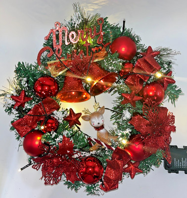 Pre Lit Merry Christmas Wreath with Twinkly Lights plus Reindeer Poinsettia Bell