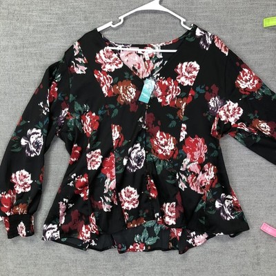 Maurices Blouse Womens XXL Black Floral Long Balloon Sleeve Tunic Top Ruffle Hem