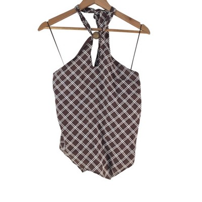 Piper Tank Womens 8 Brown Check Halter Neck Tie Back Camisole Top 129266