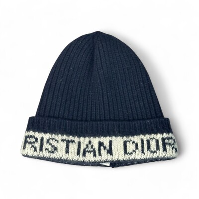 Authentic Christian Dior Beanie Winter Hat Logo Navy Wool 