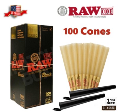 Authentic RAW Black 1 1/4 Size Pre-Rolled Cones 100 Pack & 2 Tubes