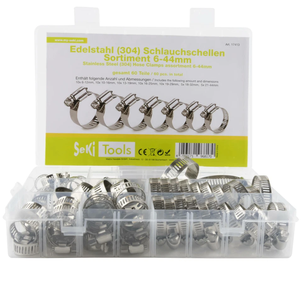SEKI Assortimento fascette stringitubo 60 pezzi diametro tubo 6-44 mm in acciaio inox