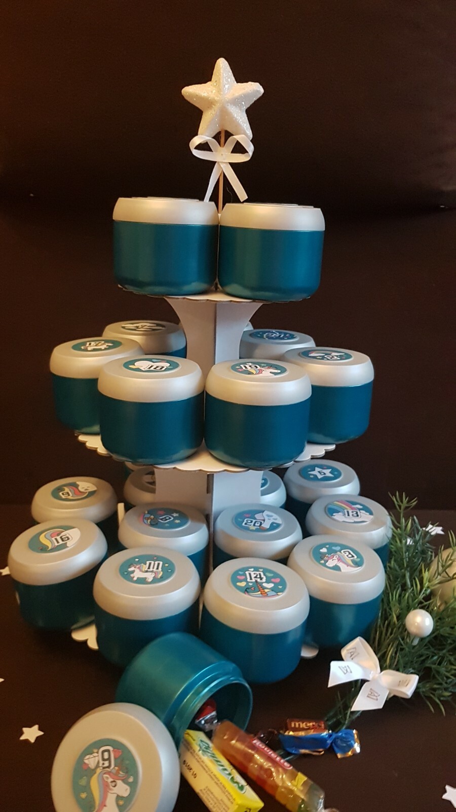 Adventskalender * Einhorn * zum Selbstbefüllen * Dosen mit Duft * petrol blau