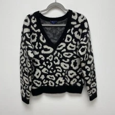 W by WORTH Womens Black Leopard V-Neck Mohair-Wool Blend Pullover Sweater M