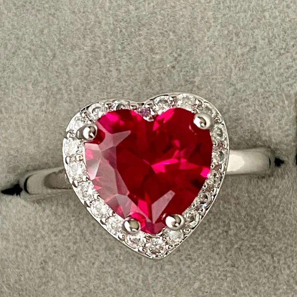 3.80Ct Heart Shape Natural Ruby & Diamond Engagement Ring 18K White Gold Plated - Image 3 of 4