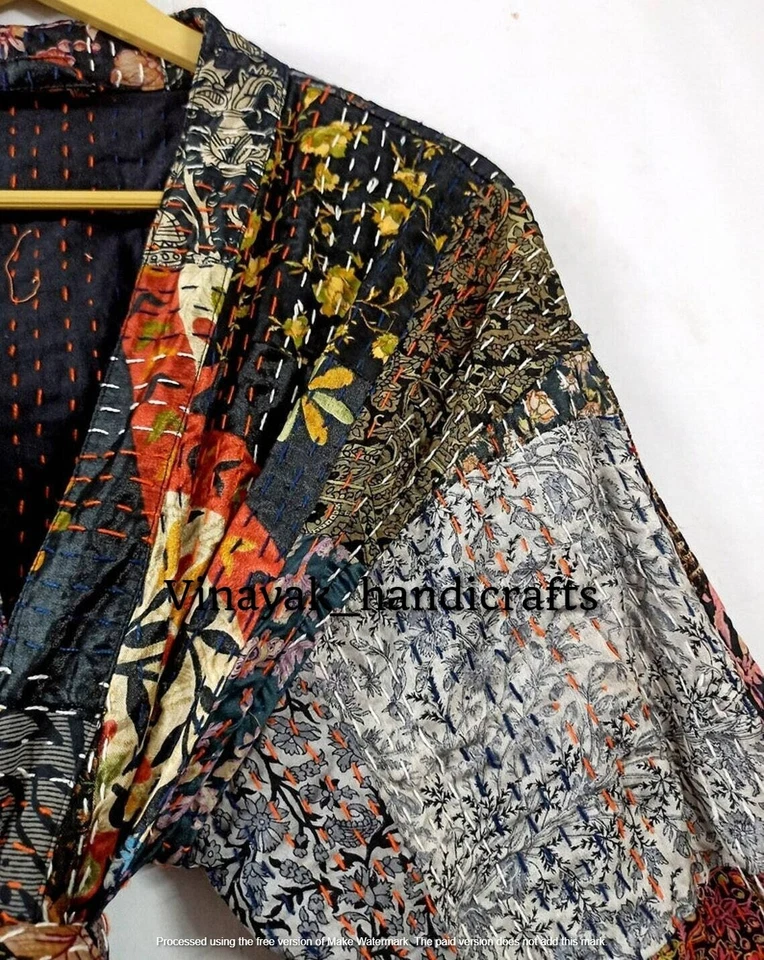 Vestido kimono largo de seda indio Kantha hecho a mano para mujer estilo hippie Foto 4 de 4