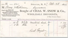 1876 Chas W Snow Wholesale Druggists Syracuse NY  Billhead 4.5"H