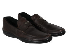 Prada Men Traingle Logo Plaque Loafers Size US 11 UK 10 Brown Leather Slip On