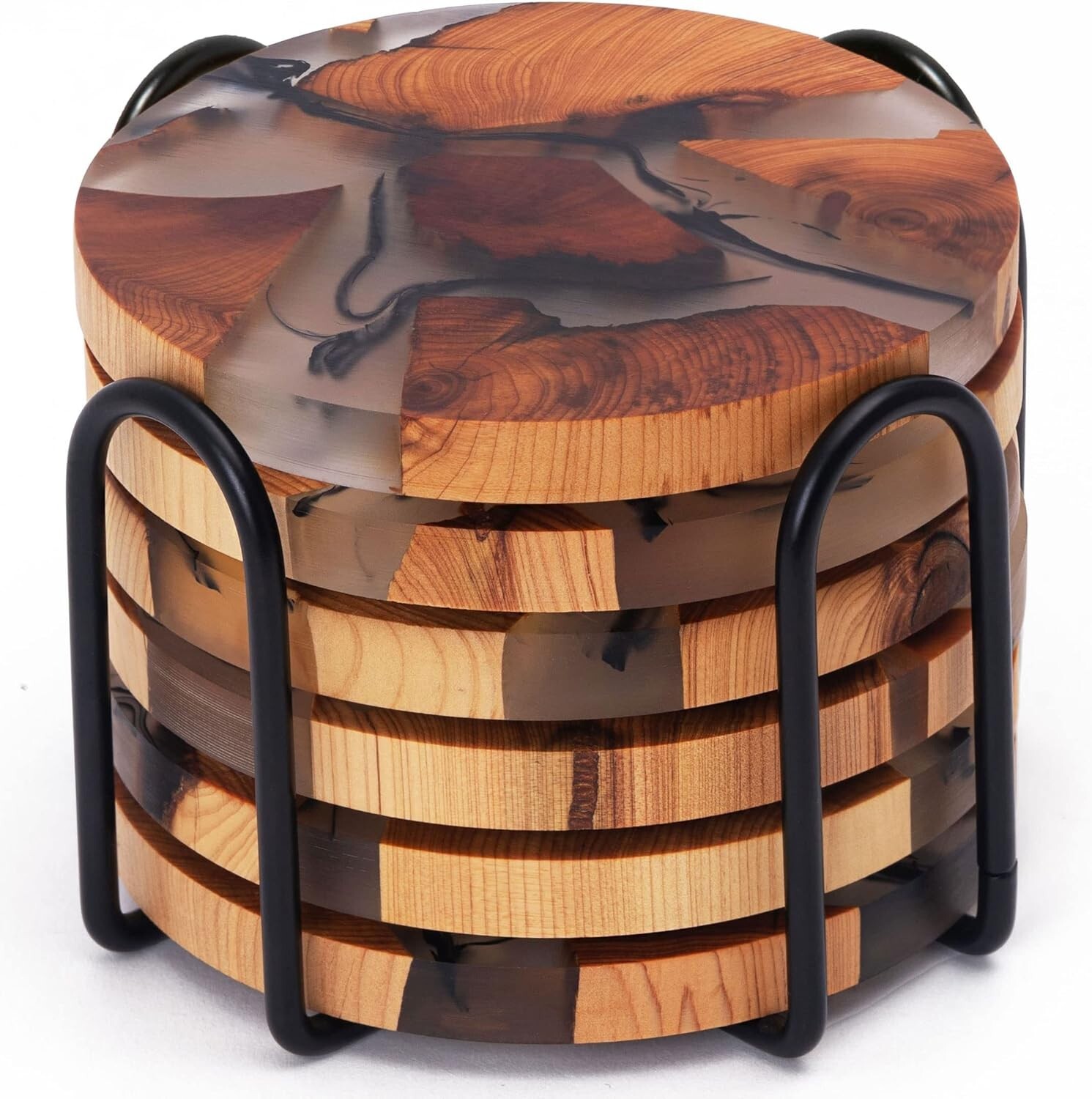 Chic Round Coasters Set of 6 in Cedar Wood and Epoxy Resin - Protect Furniture-image