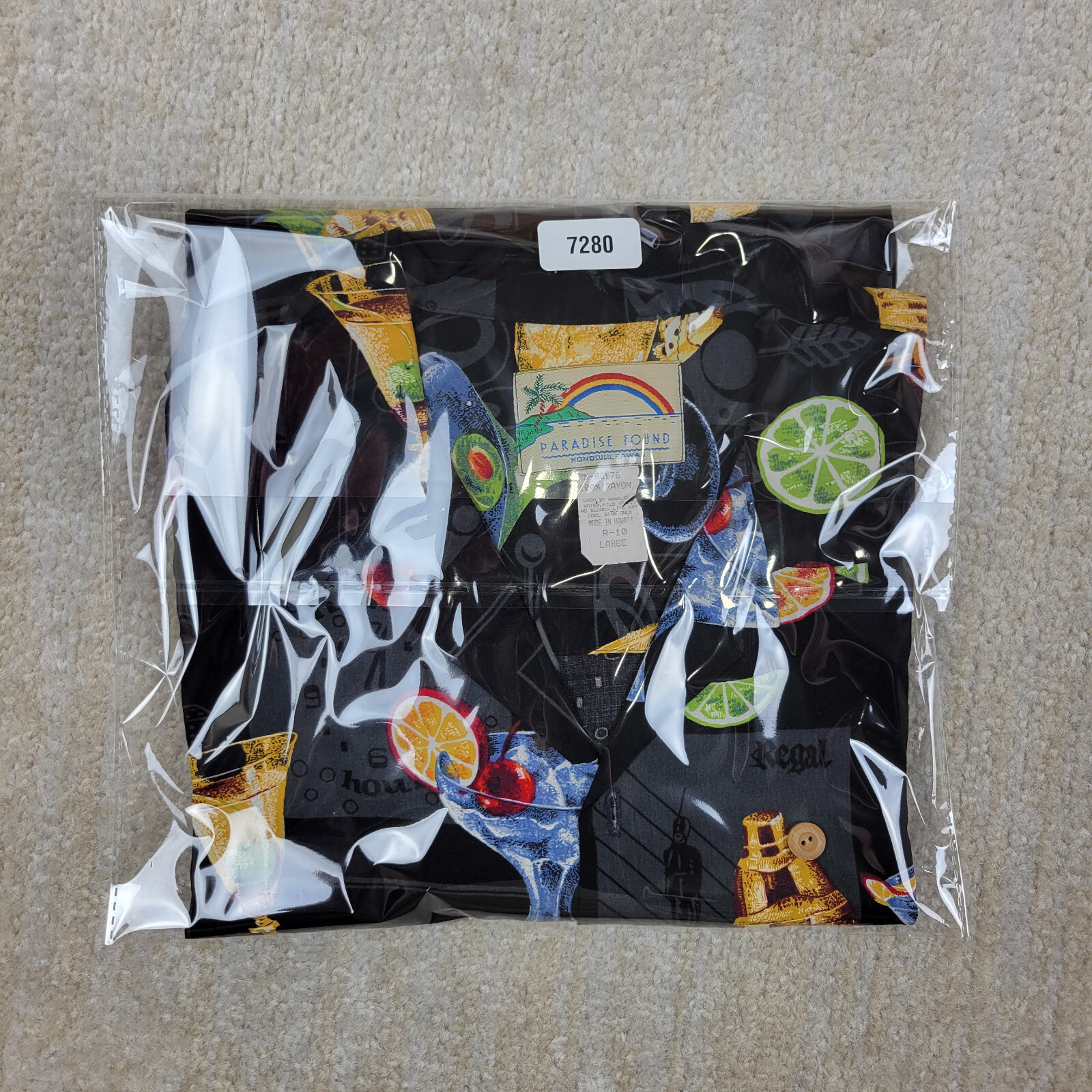 Vintage Paradise Found Hawaiian Shirt Mens L Black Cocktail Happy Hour Olive USA