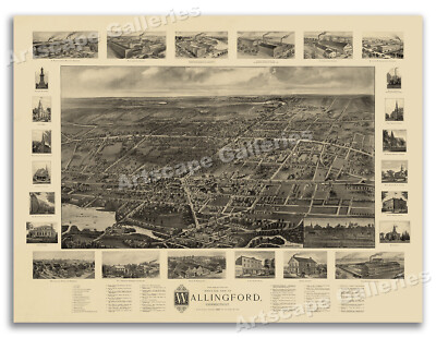 Bird's Eye View 1905 Wallingford Connecticut Vintage Style City Map - 18x24