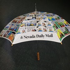 Vtg Rare Wooden Handle Nevada Daily Mail Comic Strip Color Newspaper Umbrella