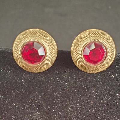 Concentric Red Stone Yellow Gold Plated Round Cuff Links Vintage