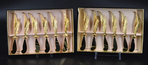 12 VTG Tancraft Janis 24K Gold Plated Hors D'Oeuvres Knives Feather Handles
