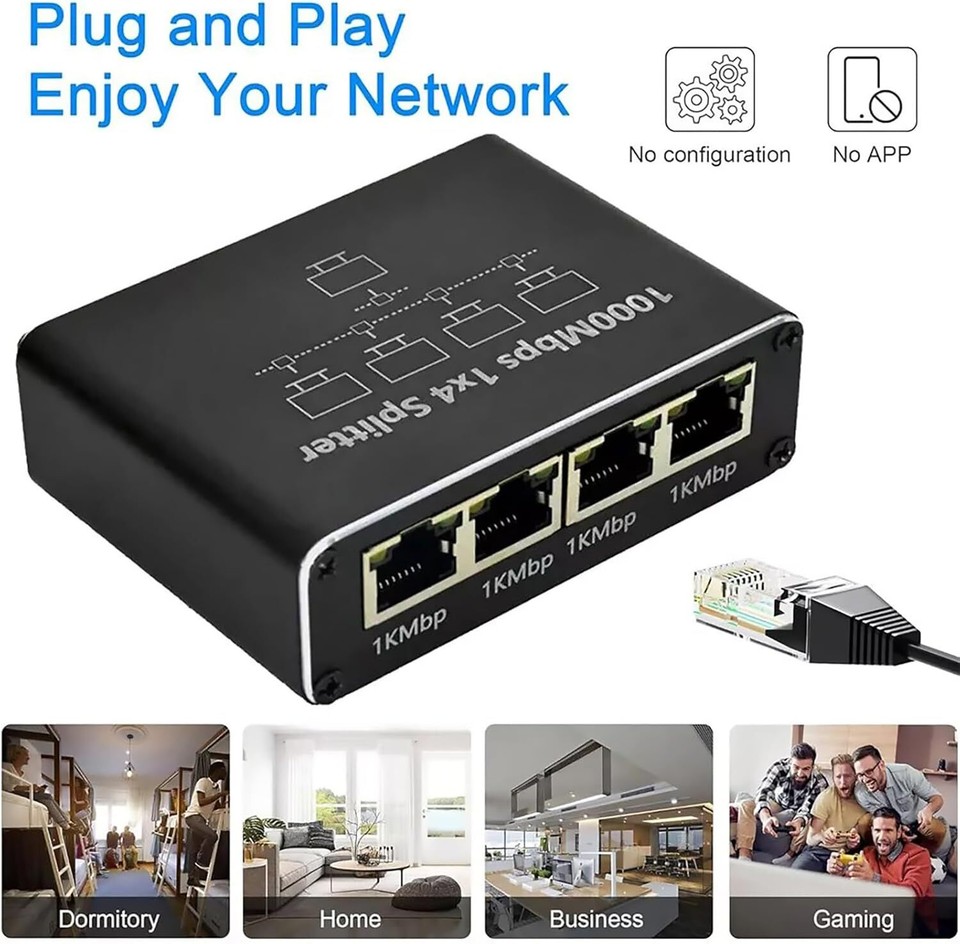 Gigabit Ethernet Splitter RJ45 LAN Network Adapter 1 to 4 Port 1000Mbps ...
