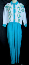 GAUDY FUN Vintage 80s Rafael Country Western Teal White Cowboy Jumpsuit L