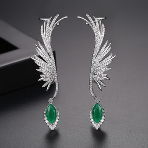 Authentic Retro Women's Inlaid Zircon Feather Ear Clip Gold Plated Jewelry 2Colors