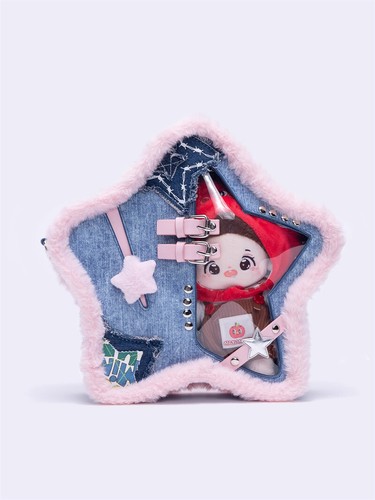 Jeansblau Rosa Fünfzack Stern Itabag Plüsch Rucksack Damen Schultertasche - Bild 12 von 14